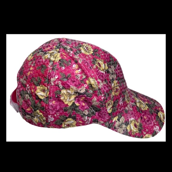 Women's Floral Sequins Sparkly Pink Baseball Cap Hat Adjustable Strap Spring - Picture 7 of 16